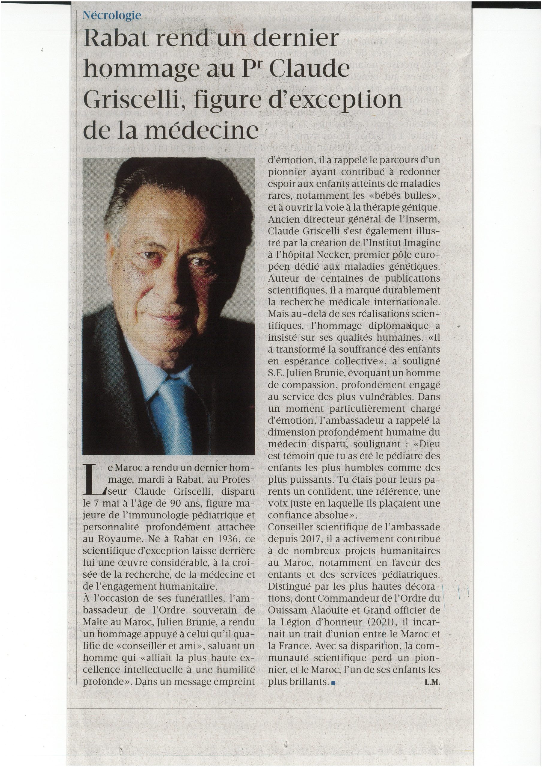 Rabat rend u n dernier hommage au Pr Claude Griscelli, figure d'exception de l a médecine