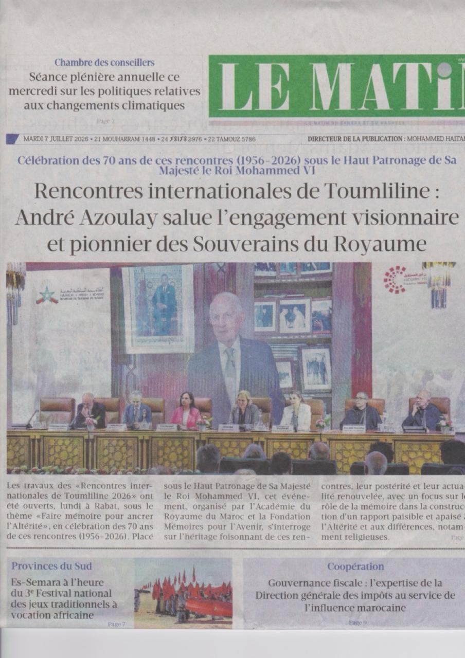 Une du journal Le Matin consacrée aux Rencontres internationales de Toumliline avec une photo d'une table ronde
